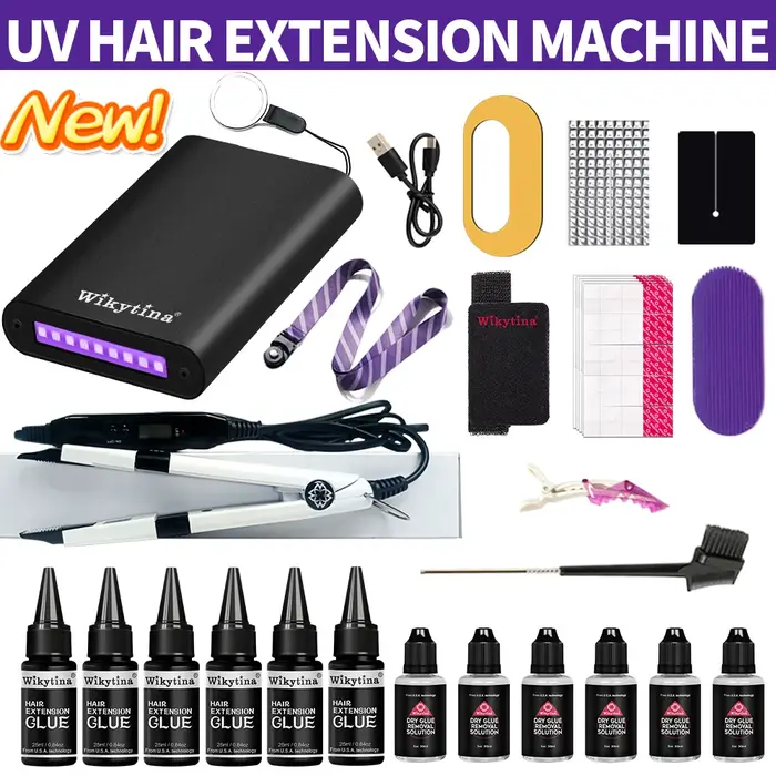 Kit professionnel d'extensions de cheveux à lumière UV avec outils de pose