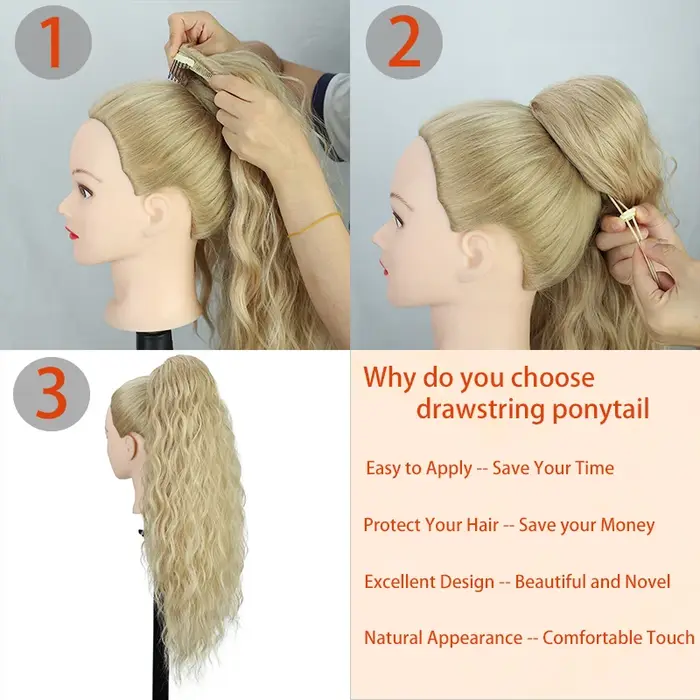 Extension de cheveux queue de cheval ondulée longue bouclée pour femmes postiche queue de cheval synthétique naturelle avec cordon bordeaux blond fausse queue de poney