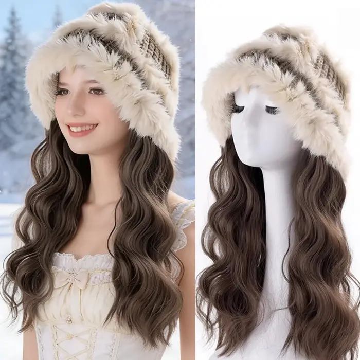 Perruque synthétique brune noire avec chapeau