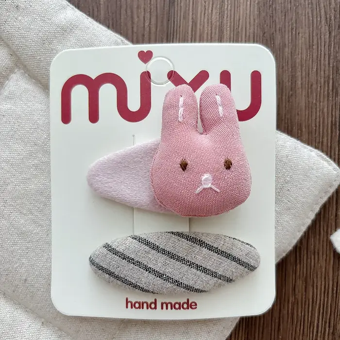 Pinces à cheveux lapin pour enfants, 2 pièces, pinces à presse à nœud en tissu rose gris doux, Clips latéraux, mélanger et assortir pas de dommages