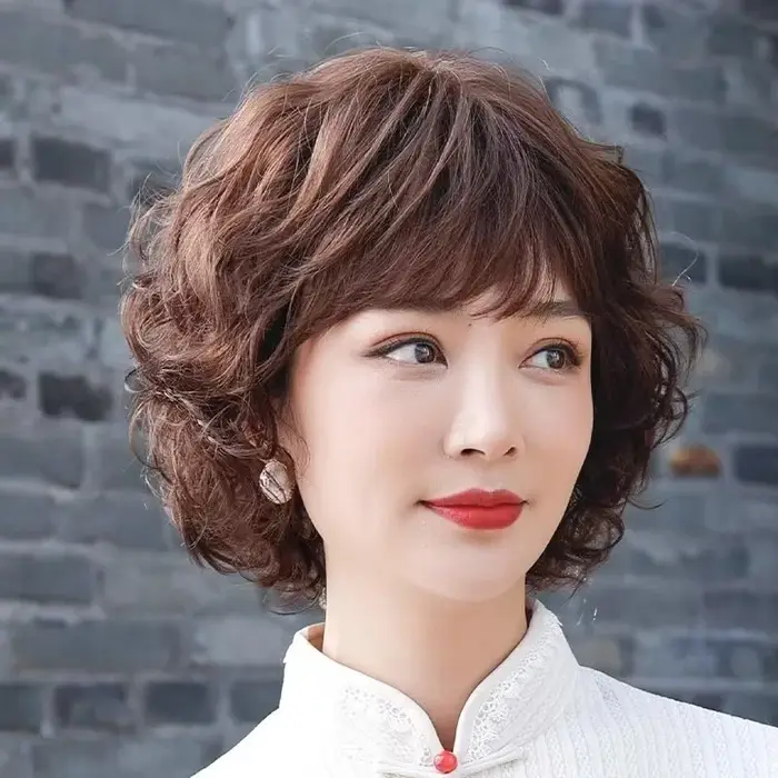 Perruque asiatique bouclée de couleur naturelle/marron foncé, cheveux humains pour femmes d'âge moye