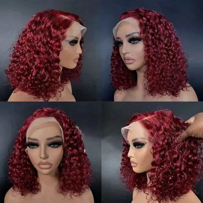 Perruques Bob Courtes en Cheveux Humains Remy Brésiliens Pré-Pluckées, Couleur Rouge Bourgogne 99J, 