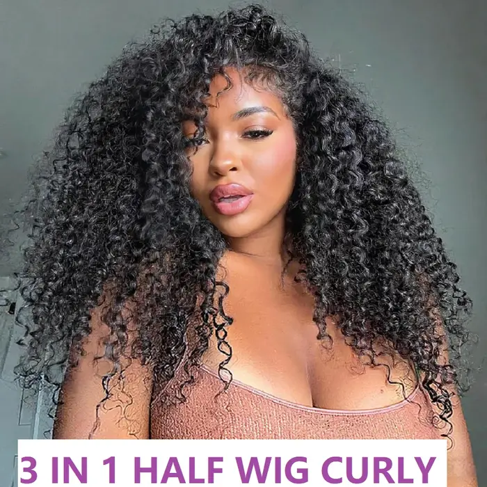 Perruque mi-tête bouclée en cheveux humains 250% densité, perruque mi-tête frisée crépue en cheveux 
