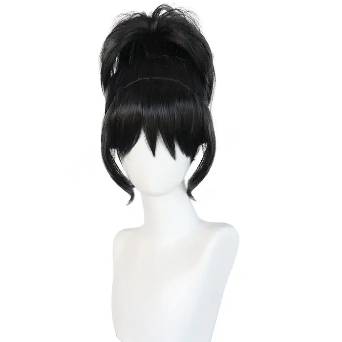 Perruque Lydia Deetz pour cosplay avec voile, perruque noire ondulée, chignon, collier ras du cou, m