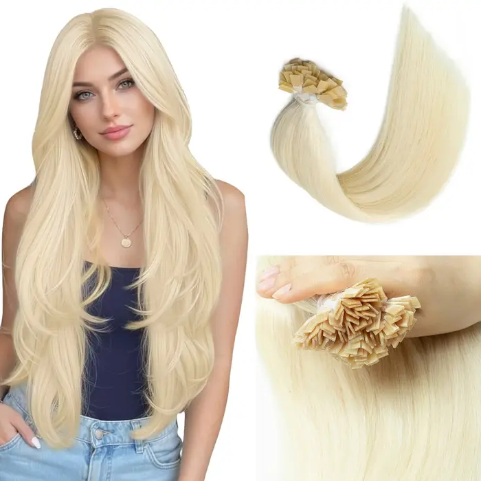 Extensions de cheveux humains blond platine à pointe plate