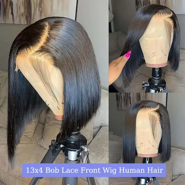 Perruque Bob Lace Frontal Wig naturelle, cheveux courts, lisses, 13x4, 100% cheveux humains, pre-plu