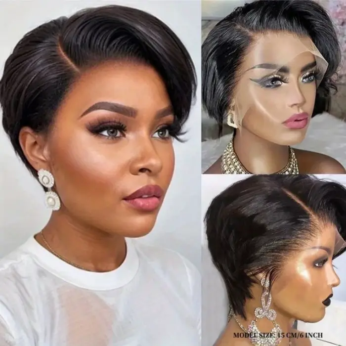 Pixie coupe perruques droites cheveux birmans 100%