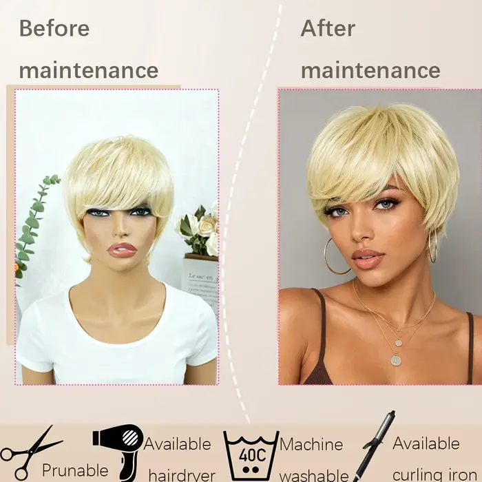 Perruques blondes en cheveux humains coupés style pixie pour femmes