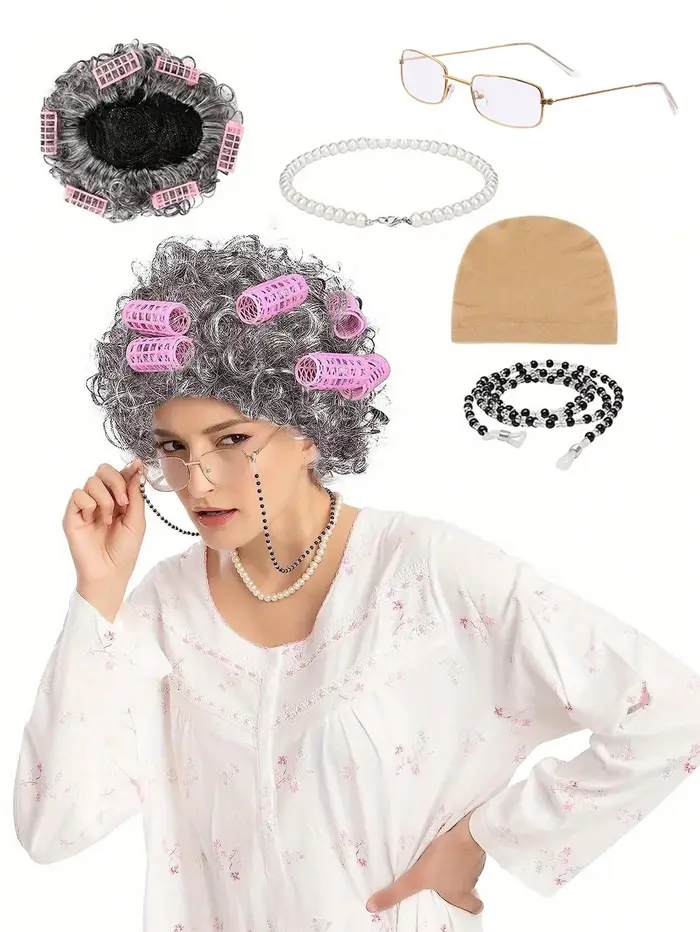Ensemble de costumes de vieille dame – Perruques synthétiques de grand-mère