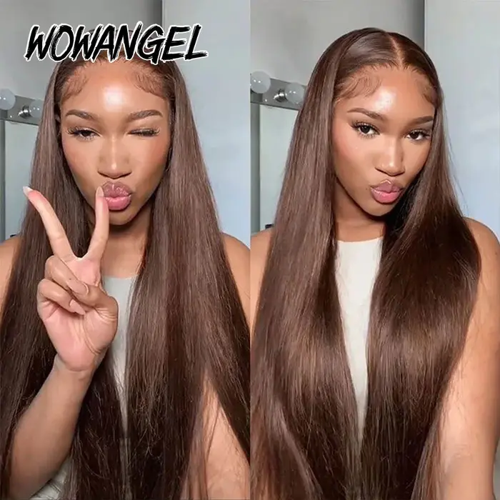 WOWANGEL Perruques en cheveux humains lisses brun chocolat, Lace Frontale Complète HD 13x6, Pré-épil