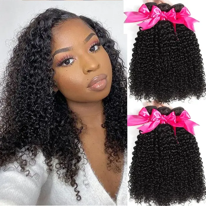 Offre de lots de cheveux humains bouclés crépus bruts non traités, tissage brésilien bouclé profond,