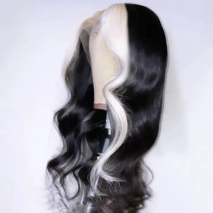 Perruque Lace Frontal Wig synthétique Body Wave blanche à reflets noirs, 13x4 HD, haute qualité, rés