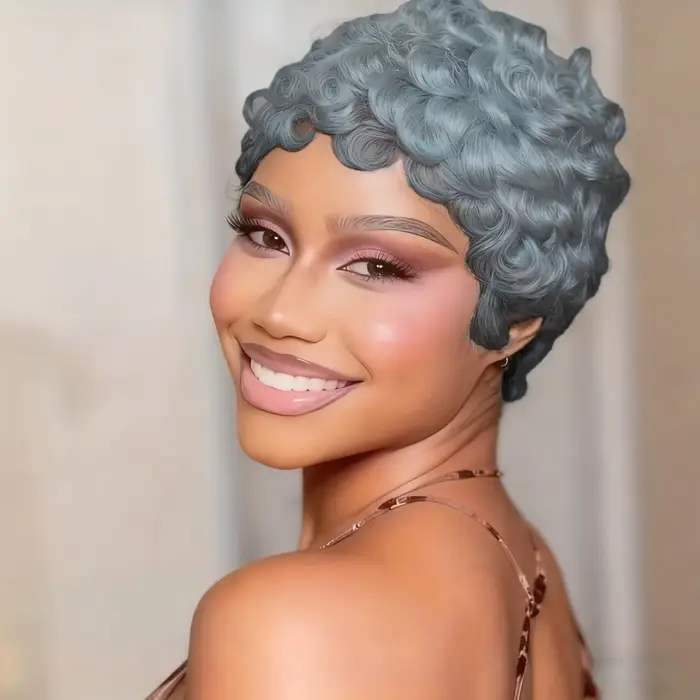 Perruque de cheveux humains brésiliens coupe courte Pixie avec Bang