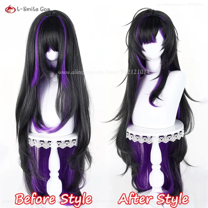 Étiquette NIKKE Perruque de cosplay synthétique résistante à la chaleur, 100cm, noir et violet mélangé, pour femmes, Anime Cosplay, Halloween
