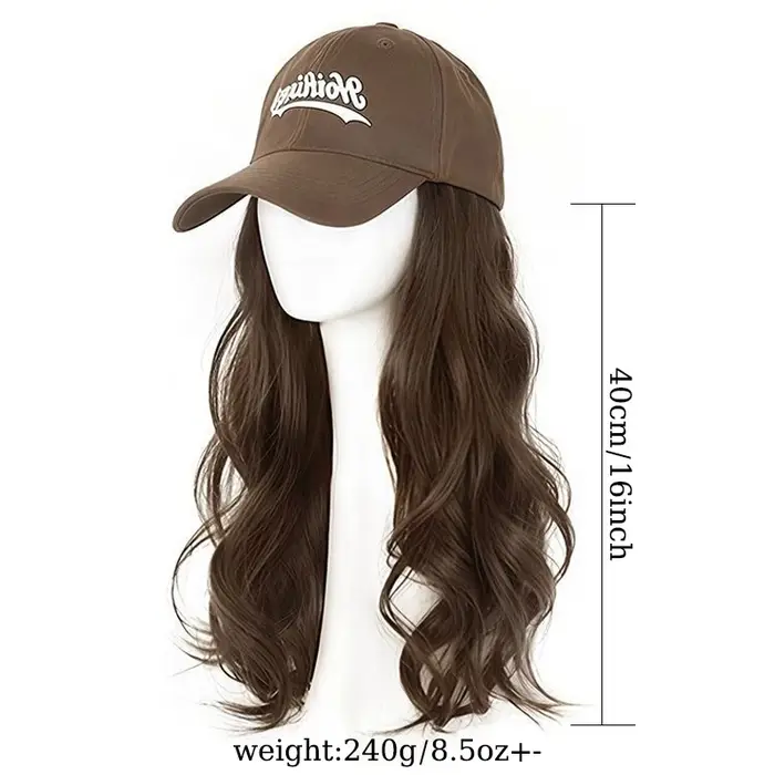 Perruque synthétique ondulée avec casquette de baseball marron et longs cheveux ondulés