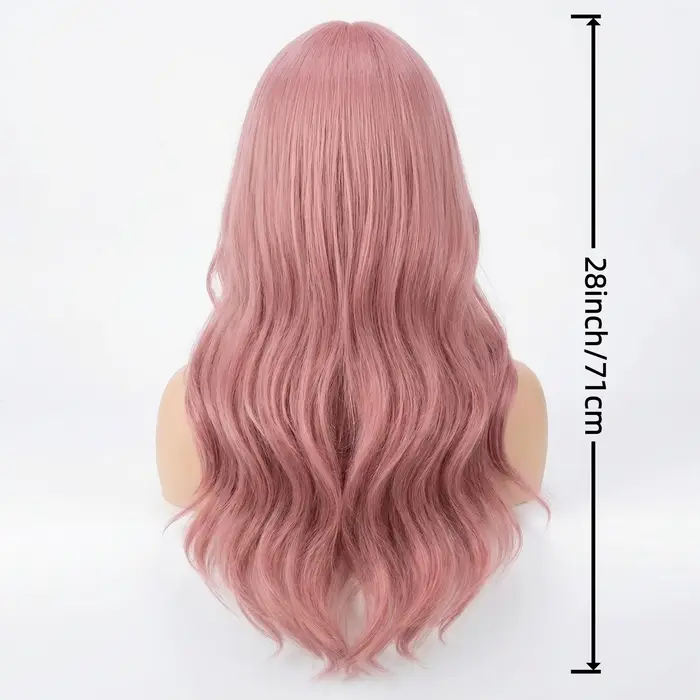 Perruque longue bouclée rose de 28 pouces, perruque synthétique pour femme, franges droites rose fon
