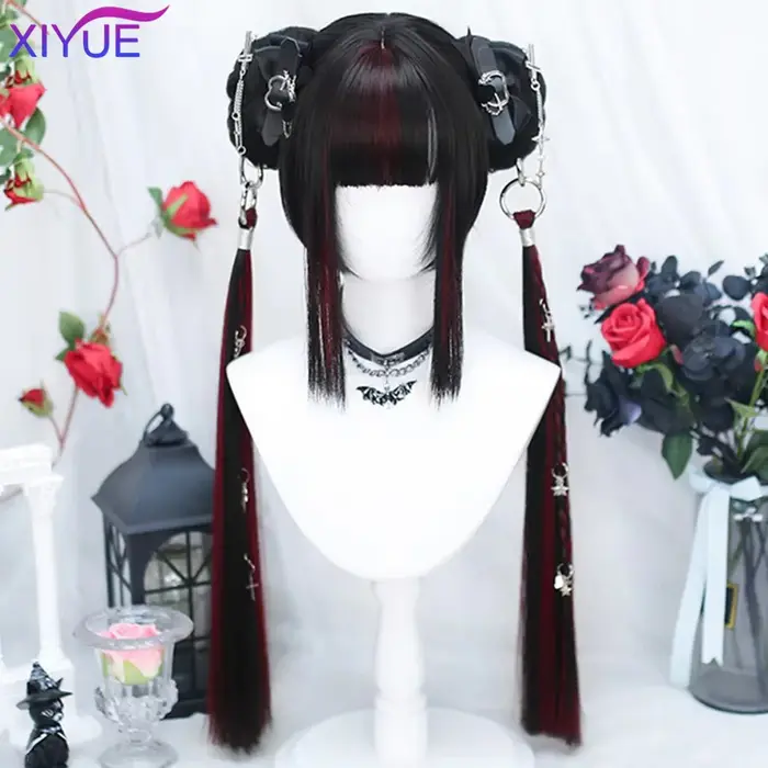 XIYUE synthétique longue droite Lolita perruque avec Bang rouge Ombre noir Cosplay fête Halloween noël ondulé bouclés