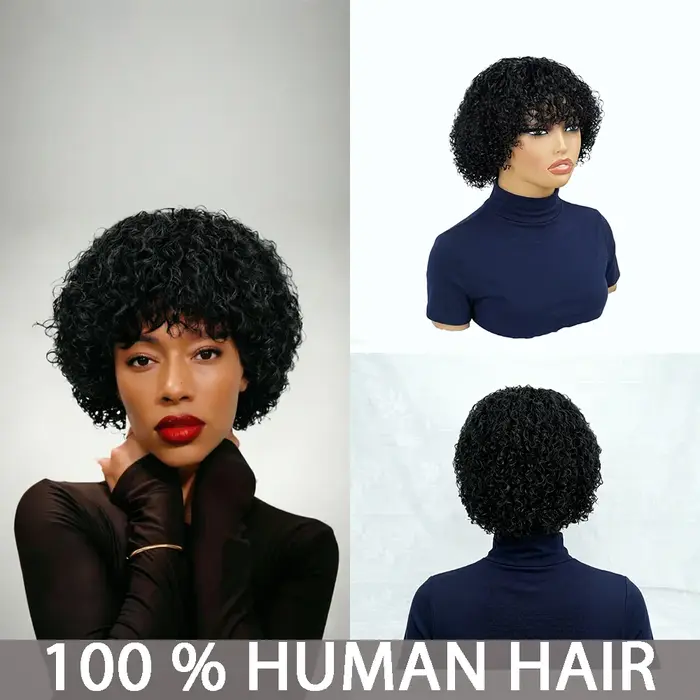 Perruque en cheveux humains noirs bouclés crépus avec frange, densité 180%, fabriquée à la machine, bonnet respirant, aspect naturel pour femmes, usage quotidien décontracté