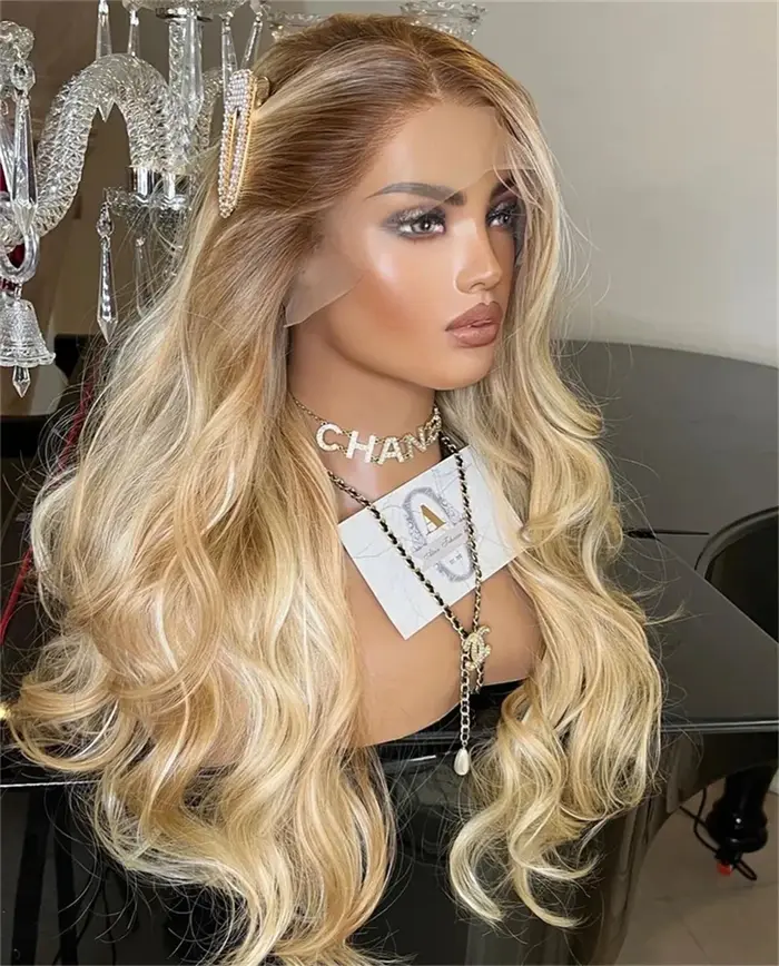 Perruque synthétique HD Lace Front 13x4, longue, ondulée profonde, avec balayage blond doré ombré, q