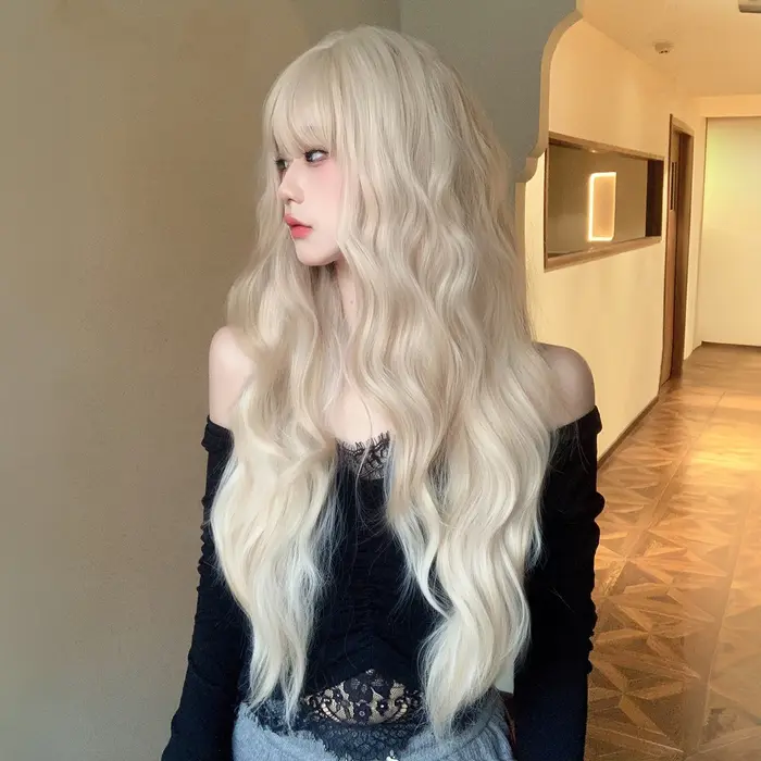 Perruque synthétique longue ondulée Blonde platine 613
