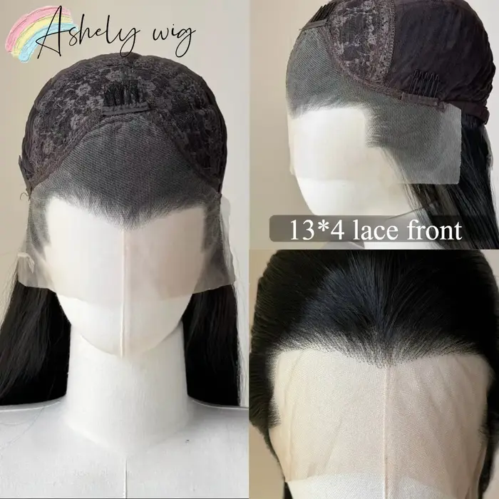 Ashely Widow's Peak Wig – Perruque synthétique noire à dentelle frontale 26 pouces 13*4, cheveux rai