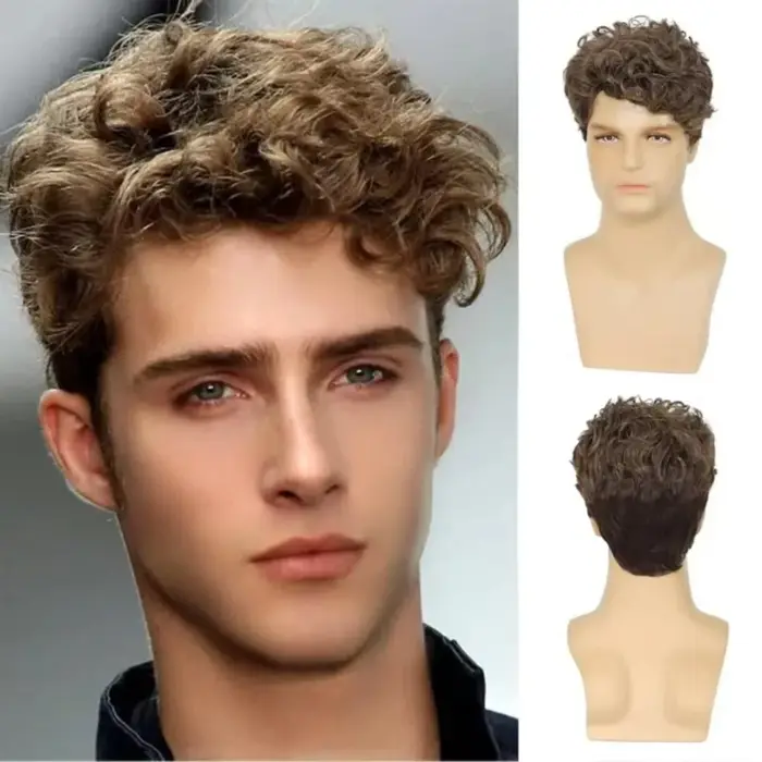 Perruque Courte Bouclée Synthétique Marron pour Hommes