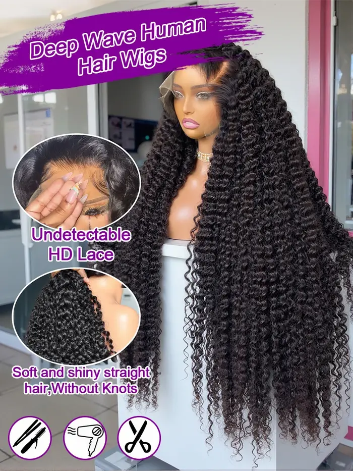 Perruque brésilienne en cheveux humains 13x4 13x6 HD Lace Front, Deep Wave, 30 40 pouces, densité 25