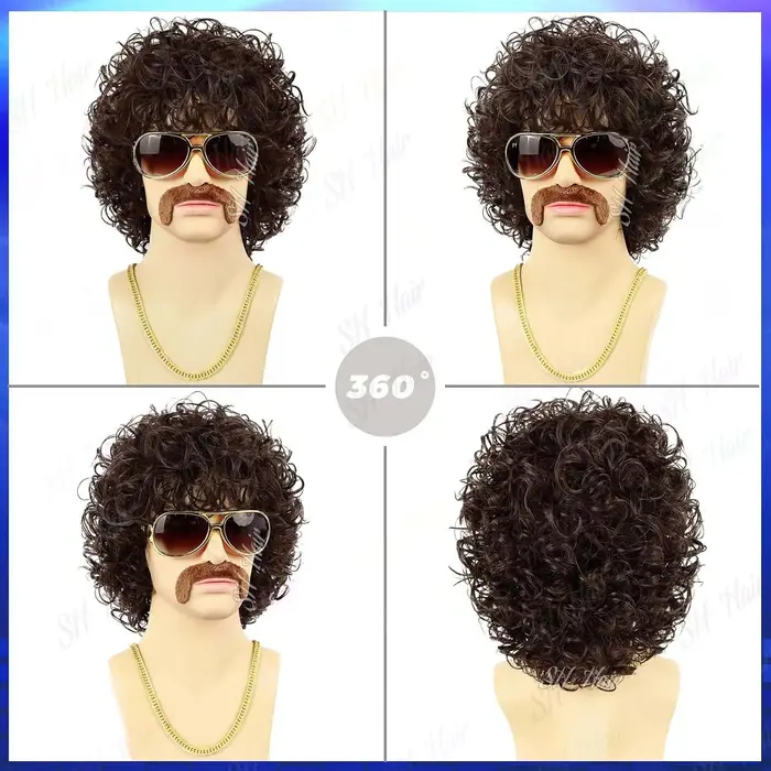 Synthétique Marron | Perruque afro bouclée noire + lunettes + collier + moustache