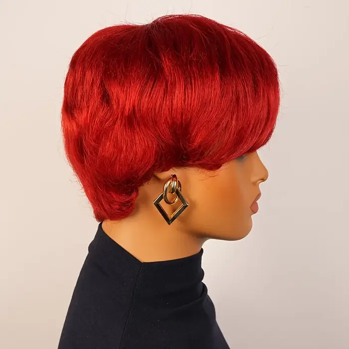 Perruque de cheveux humains courts de couleur rouge avec frange