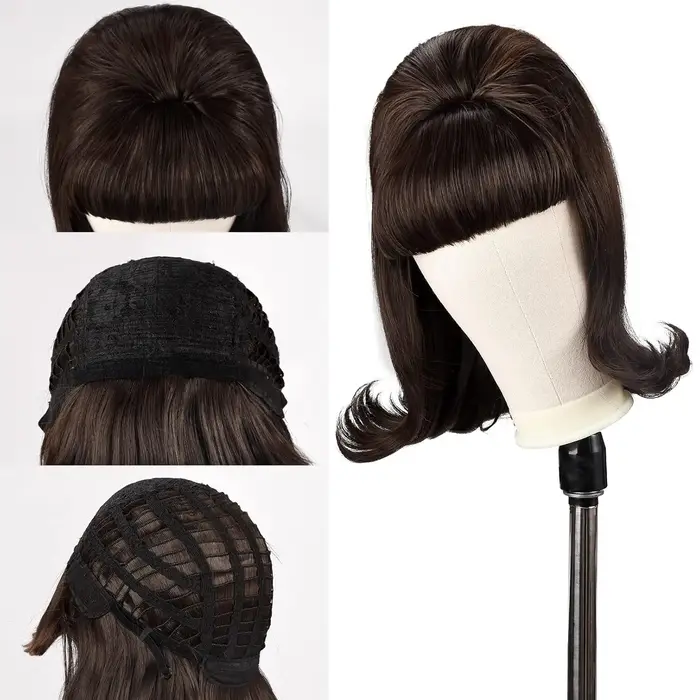 Perruque marron rétro 50S 60S 70S pour dames avec frange
