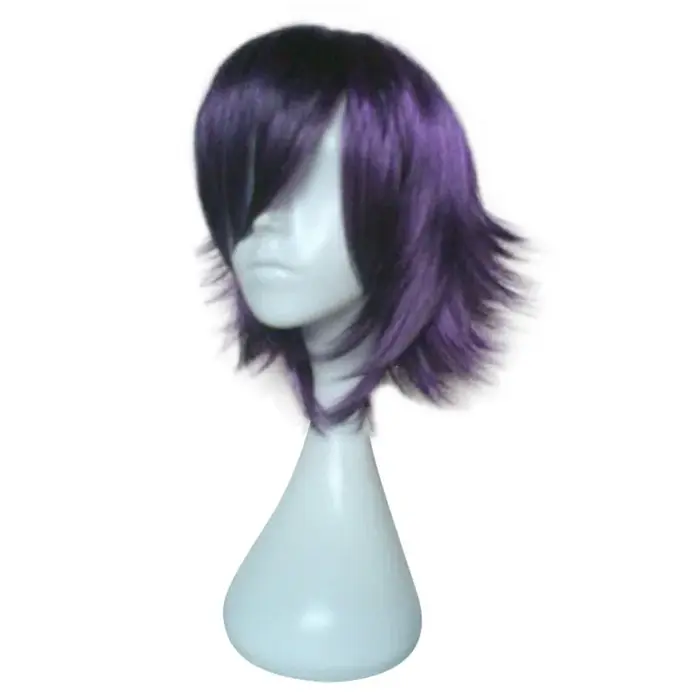 Perruque de Cosplay synthétique courte bouclée violette noire