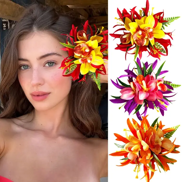 1pc Clip à cheveux en fleur d'orchidée artificielle pour les vacances à la plage hawaïenne