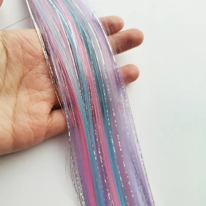 Extensions de cheveux synthétiques à clips licorne colorées, tinsels argentés mélangés, arc-en-ciel,