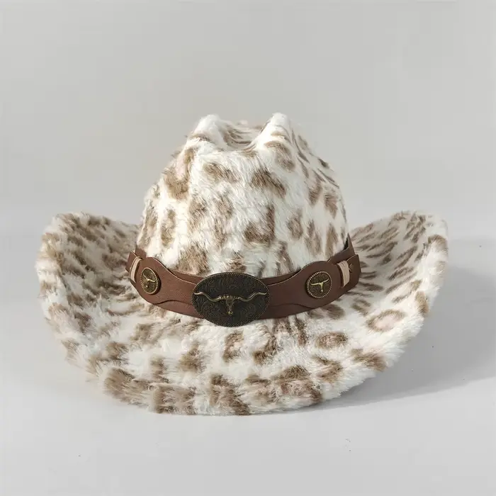Chapeau de cowboy en fourrure de lapin imprimé léopard 7,5 cm Fedora de cowboy occidental pour homme