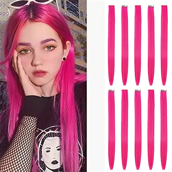 Extensions capillaires synthétiques à reflets colorés, postiches lisses roses pour femmes, enfants e
