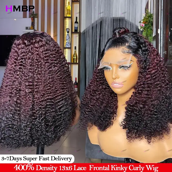 Ombre bordeaux 400 densité sans colle perruques cheveux humains vin rouge crépus bouclés 13x4 dentel