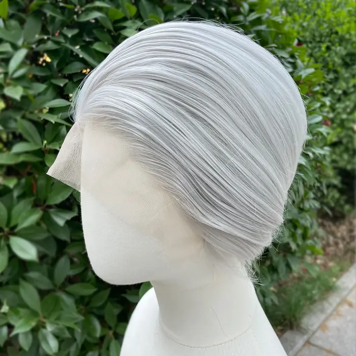Perruque Lace Front Wig synthétique courte coupe Bob gris argenté, perruques de Cosplay pour hommes