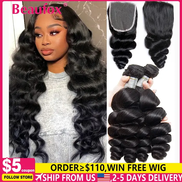 Beaufox paquets de cheveux humains vague lâche avec fermeture tissage de cheveux indiens 3/4 paquets