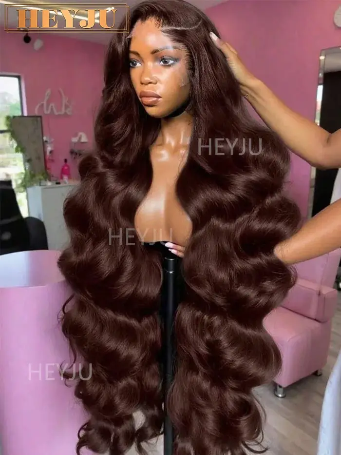 Perruque Lace Frontale Cheveux Humains Chocolat Marron Ondulée, Perruques Colorées Cheveux Humains, 
