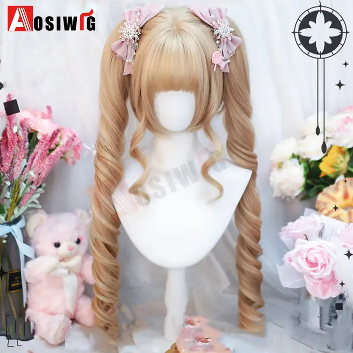 Perruque Lolita synthétique coupe princesse Double queue de cheval avec frange fille Ombre Blonde marron blanc gris