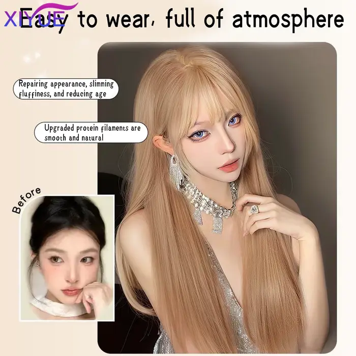 Perruque synthétique dorée avec frange naturelle moelleuse, cheveux lisses, longueur à la taille, po