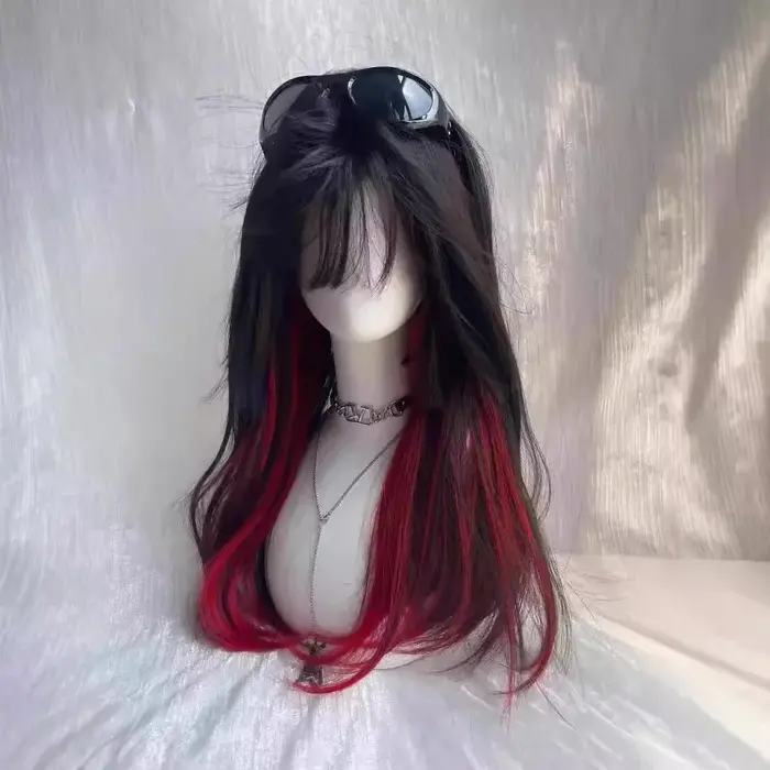 Cheveux longs et raides tehonneur en noir et rouge pour femmes