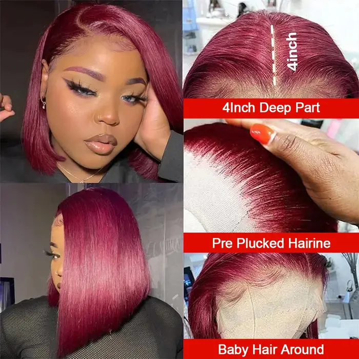 Perruque Bob Droite Cheveux Humains Perruque frontale en dentelle 13x4 HD 99J Perruque de cheveux hu