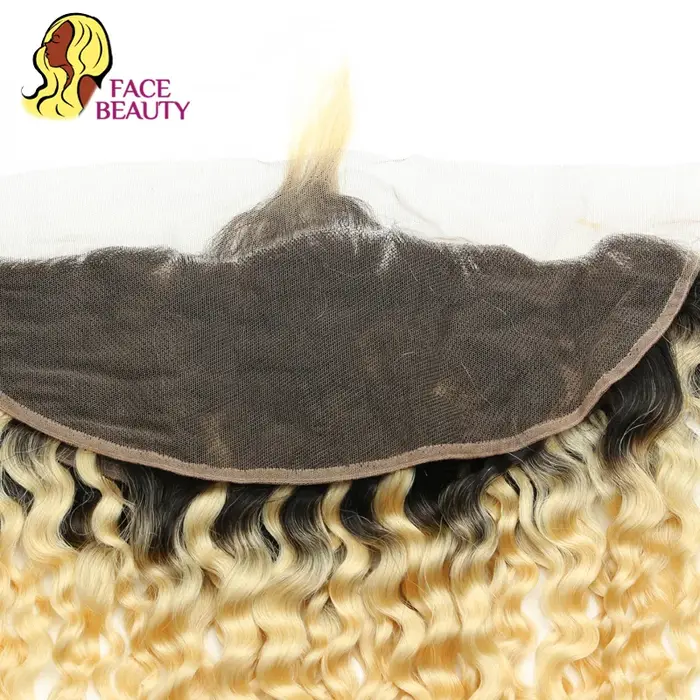 Facebeauty 1B 613 Remy Brazilian Curly Frontal Honey Blonde Ombre Cheveux Humains 13*4 Pré-Plucké de l'oreille