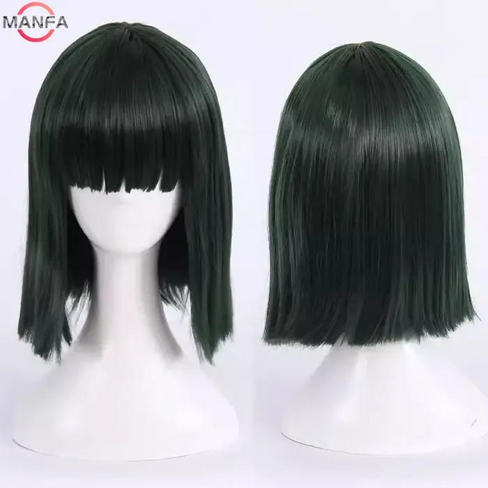 Fubuki Cosplay perruque filles résistant à la chaleur cheveux synthétiques vert profond Bobo perruques + bonnet