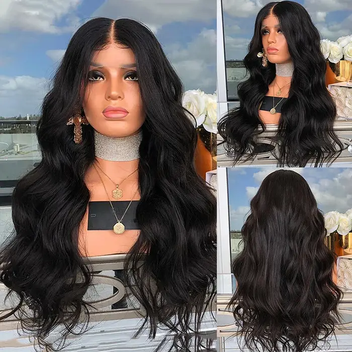 Perruque Lace Front Wig synthétique Body Wave longue bleu foncé, 13x4, naissance des cheveux naturel