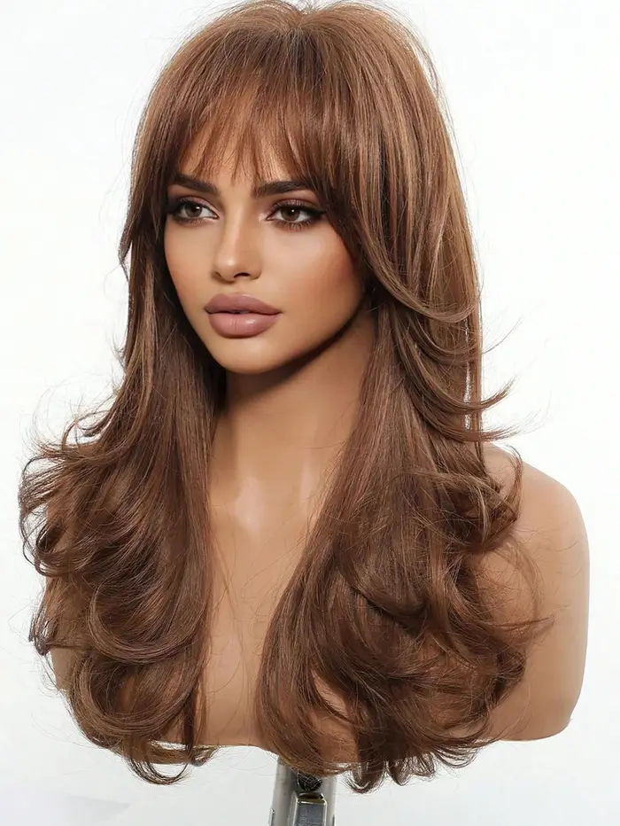 Perruque de cheveux bruns ondulés bouclés de longueur moyenne de 22 pouces