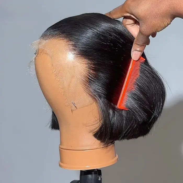 Perruque Bob en cheveux humains, densité 200%, Lace Frontal HD 13x4, courte et droite, pré-épilée, p