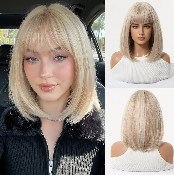 Perruque Bob dégradé blond platine de 12 pouces avec frange, en fibre synthétique résistante à la ch