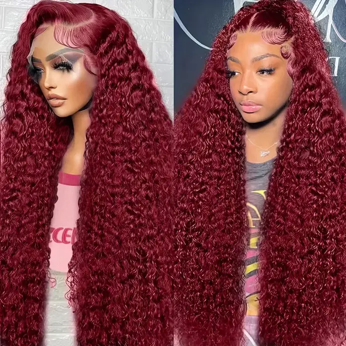 Vague profonde bordeaux 99J 13x6 Hd dentelle frontale perruque cheveux humains 220 densité 36 pouces